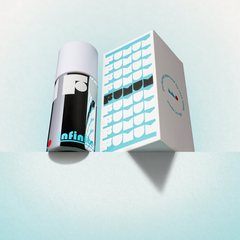 Perfume and box with 'Fumum' branding on a light blue background